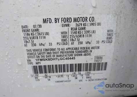 2020 Ford Explorer Xlt из США, поврежденный, VIN 1FMSK8DH7LGC40445